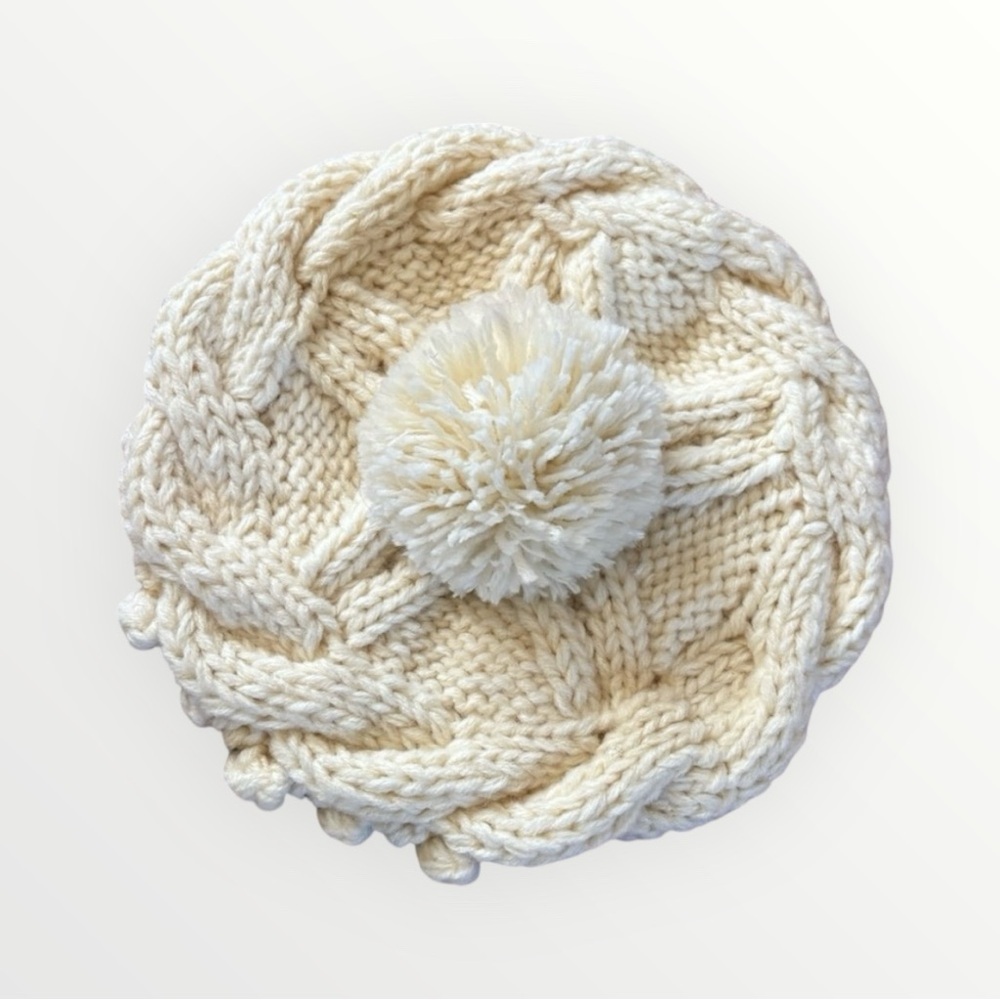 Free People Bobble Knit Pom Pom Beret Beanie Hat in Cream/Ivory OS - Picture 5 of 8